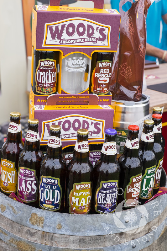 A selection of Wood's Brewing Company beer at Ludlow Food Festival, Shropshire.