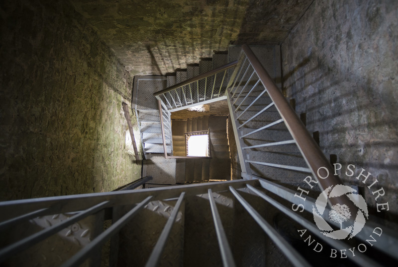 Looking down the stairwell of Flounders' Folly on Callow Hill near Craven Arms, Shropshire, England.