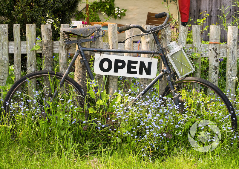 An old bicycle leans against the fence outside the Rocke Cottage Tea Rooms - formerly the Bird on the Rock - in Abcott, Clungunford, near Craven Arms in Shropshire.