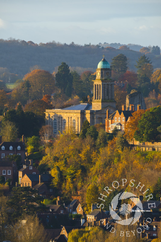 Early morning light picks out St Mary's Church and autumn colours at Bridgnorth, Shropshire, seen from High Rock.
