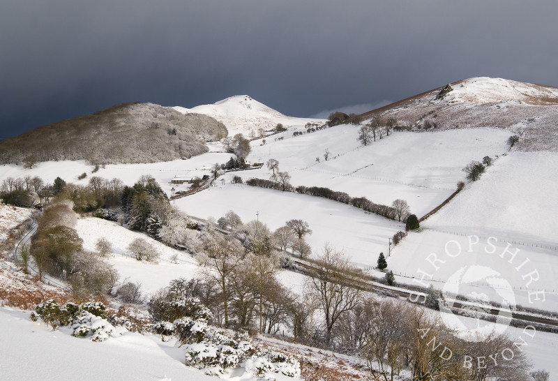 Helmeth Hill, Caer Caradoc and Hope Bowdler, seen from Hazler Hill in winter, Church Stretton, Shropshire.