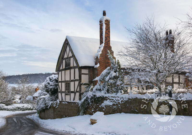 A cottage under a layer of snow at Harley, Shropshire.