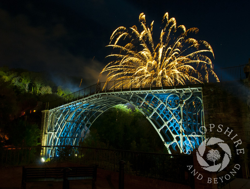 Fireworks over the Iron Bridge at Ironbridge, Shropshire, England.