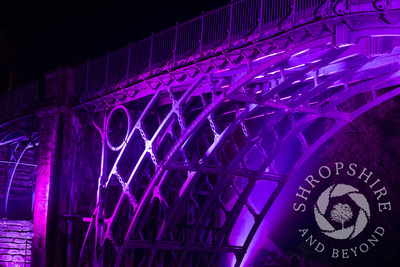 A view of the Iron Bridge at Ironbridge, Shropshire, England. It was illuminated as part of the Night of Heritage Light, celebrating UNESCO world heritage sites.