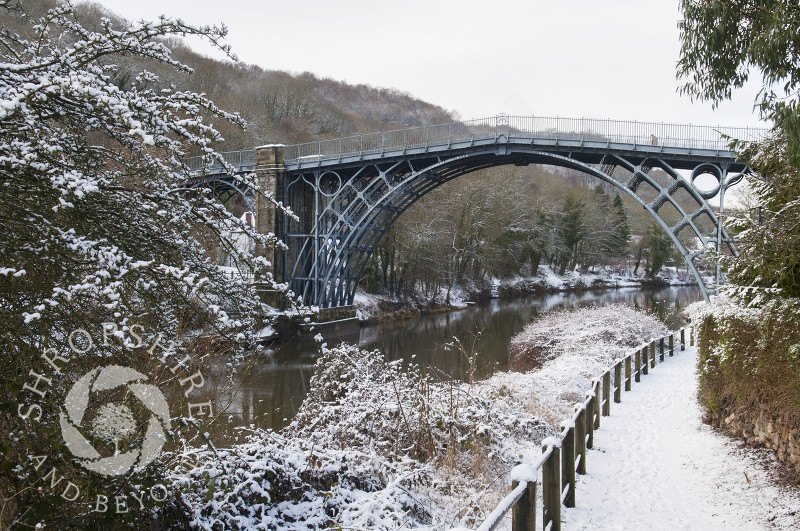 A view of the Iron Bridge in winter at Ironbridge, Shropshire, England.