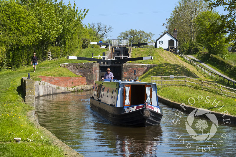 Canal boat on the Montgomery Canal at Frankton Locks, Shropshire.