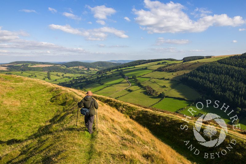 A walker on the ramparts of Caer Caradoc Iron Age hill fort near Chapel Lawn, Clun, Shropshire.