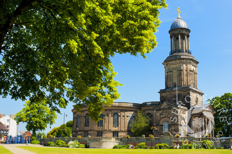 A view of St Chad's Church from the Quarry, Shrewsbury, Shropshire, England.