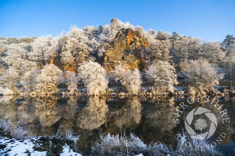 Trees with hoar frost on High Rock reflected in the River Severn at Bridgnorth, Shropshire, England.