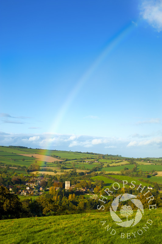 A rainbow over the village of Cardington near Church Stretton in the Shropshire Hills, England.