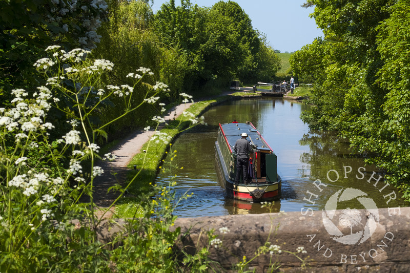 Narrowboat on the Shropshire Union Canal at Tyrley Locks, near Market Drayton, north Shropshire.