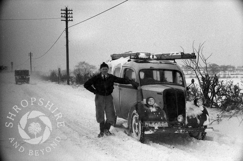 Electrician Ron Browne with Fordson van in deep snow on the Bridgnorth road out of Shifnal, 1963.