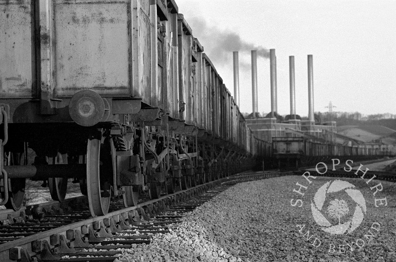 Coal trucks lined up at Ironbridge Power Station in 1967, Shropshire, England.