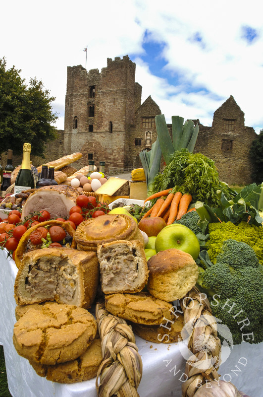 Produce on display in the grounds of Ludlow Castle during the Ludlow Food Festival, Shropshire, England.