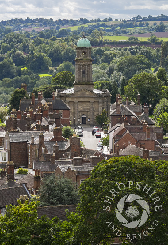 The view of St Mary's Church seen from the tower of St Leonard's Church, Bridgnorth, Shropshire.