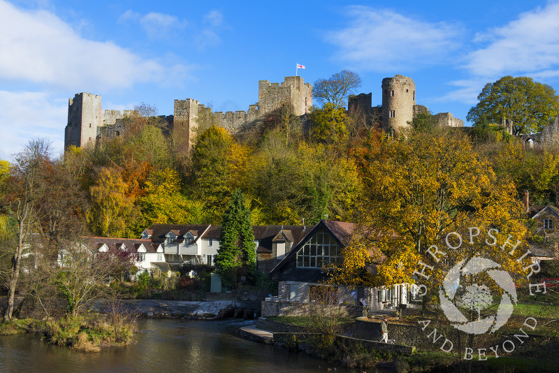 An autumn view of Ludlow Castle and the River Teme, Ludlow, England, Shropshire.