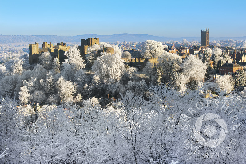 A layer of hoar frost covers the medieval market town of Ludlow, Shropshire.