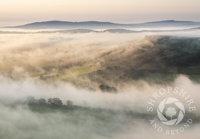 Early morning fog over WIllstone Hill, seen from Caradoc, Shropshire, with the Clee Hills on the horizon.