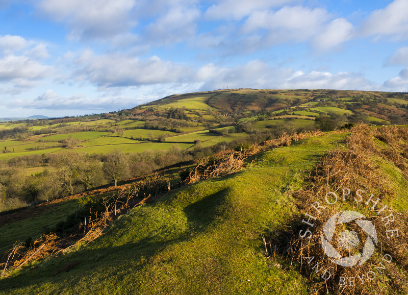 Abdon Burf on Brown Clee, Shropshire, seen from the ramparts of Nordy Bank hill fort.