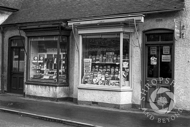 Jack Cheadle's jewellers shop and Lucy Spencer's sweet shop in Bradford Street, Shifnal, Shropshire, seen in 1965.
