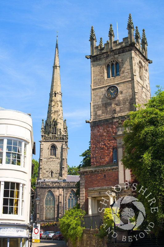 The churches of St Alkmund and St Julian seen from High Street, Shrewsbury, Shropshire, England.