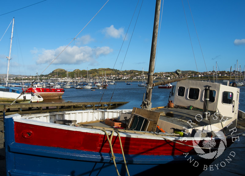 Fishing boats moored at Conwy Bay, Wales.