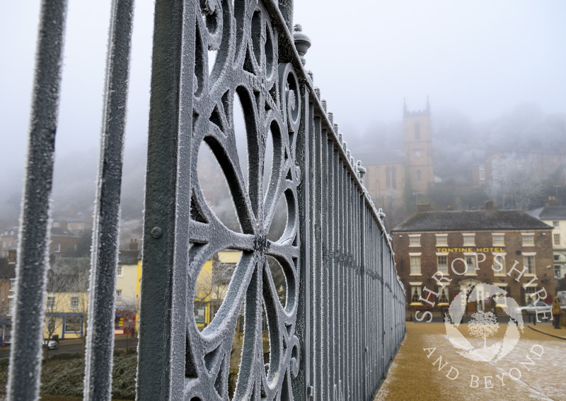 Frost-covered railings on the Iron Bridge at Ironbridge, Shropshire.