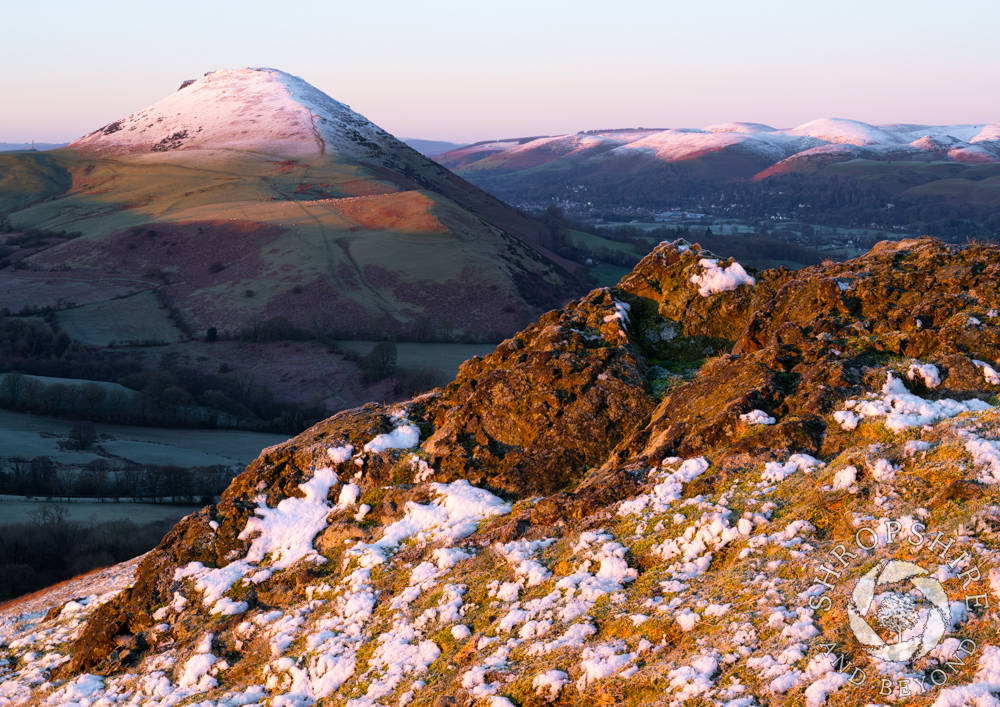 Dusting of snow at sunrise in Stretton Hills