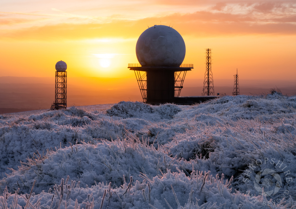 Snow at sunrise on summit of Titterstone
