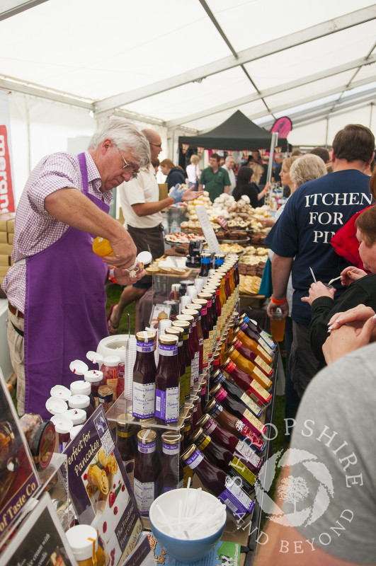 Sauces for sale in the marquee at Ludlow Food Festival, Shropshire, England.