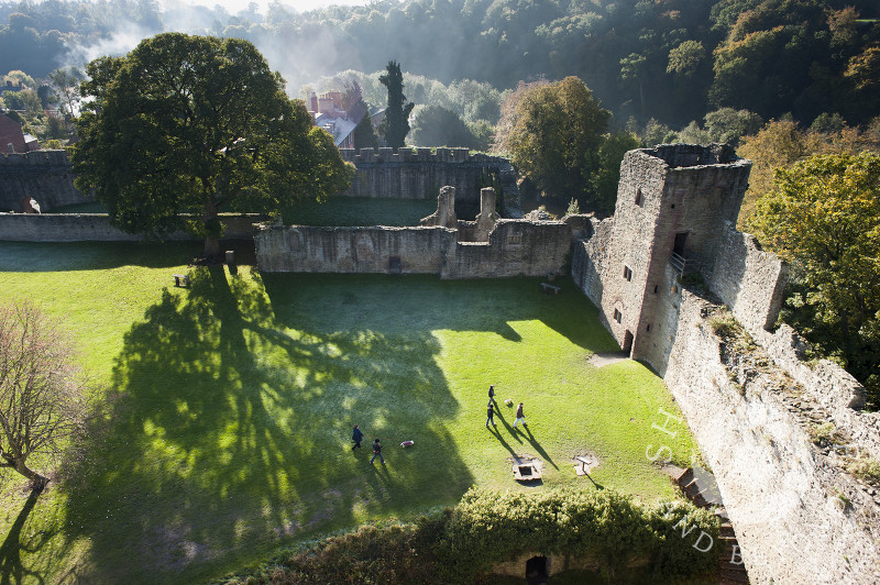 A view of the Outer Bailey at Ludlow Castle seen from the Great Tower, Ludlow, Shropshire, England.