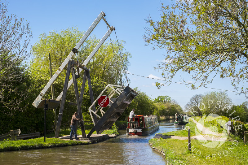 A narrowboat at Morris's Bridge on the Llangollen Canal near Whixall Moss, Shropshire.