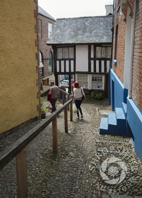 The Cobbles is a steep alley leading to the House on Crutches in Bishop's Castle, Shropshire, England.