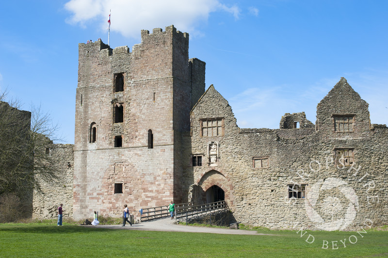 Blue sky over the ruined medieval castle at Ludlow, Shropshire, England.