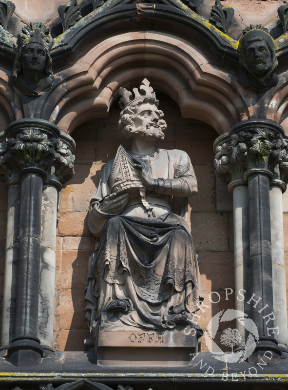 Statue of Offa, King of Mercia, on the West Front of Lichfield Cathedral, Lichfield, Staffordshire, England.