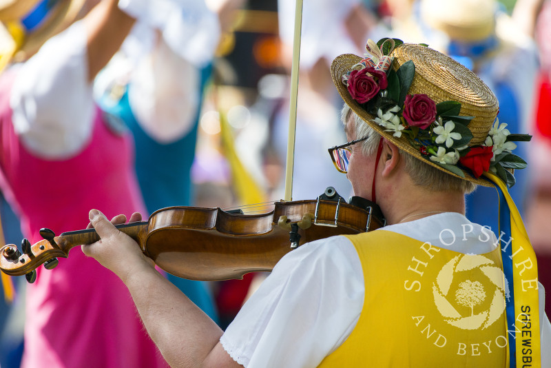 Shrewsbury Morris dancers perform in the Castle Grounds as part of the St George's Day festivities in Bridgnorth, Shropshire.