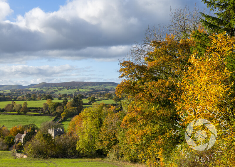 St Edith's Church at Eaton-under-Heywood, seen from Wenlock Edge, looking towards Ragleth Hill, Shropshire.