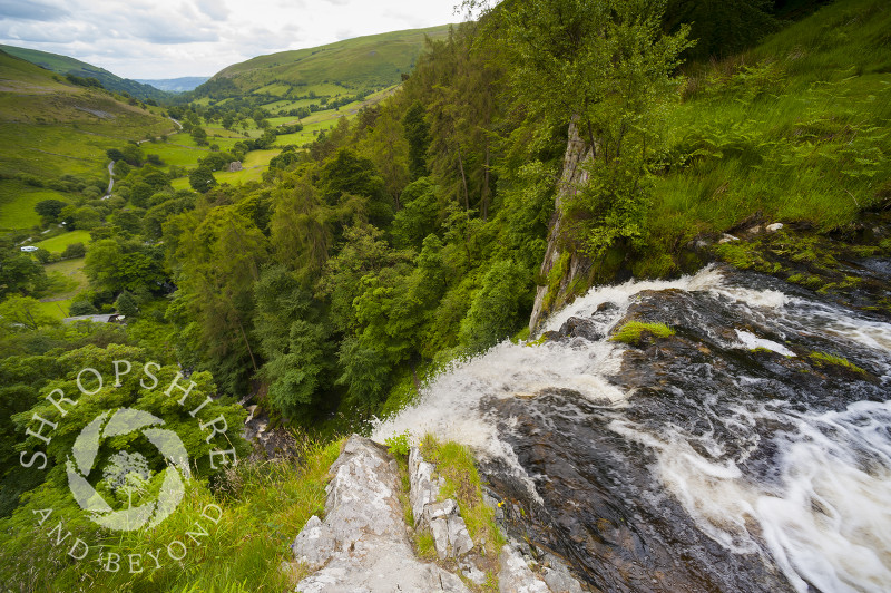 View from the top of Pistyll Rhaeadr waterfall in the Berwyn Mountains, Powys, Wales.