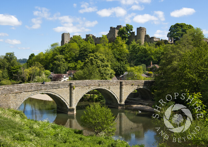 Ludlow Castle overlooks Dinham Bridge and the River Teme, Shropshire.