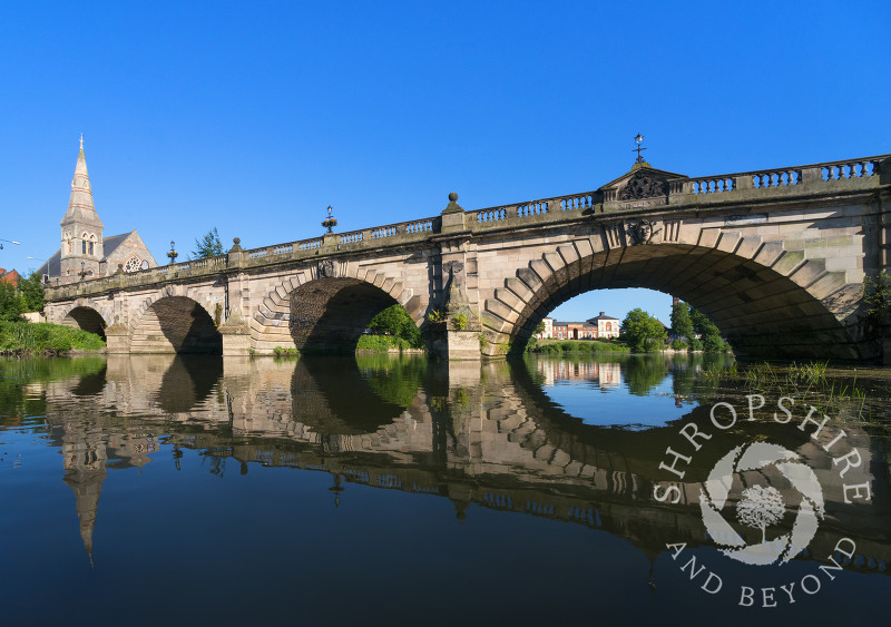 English Bridge seen from the River Severn in Shrewsbury, Shropshire.