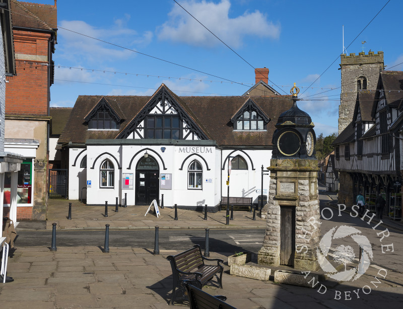 Much Wenlock Museum and Visitor Information Centre, with views of the Guildhall and Holy Trinity Church, Much Wenlock, Shropshire, England.