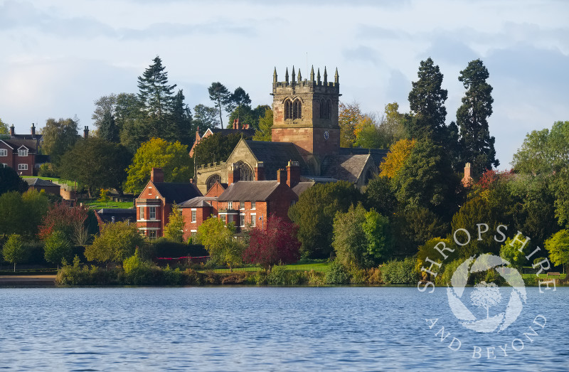 St Mary's Church and the Mere seen in autumn at Ellesmere, Shropshire, England.