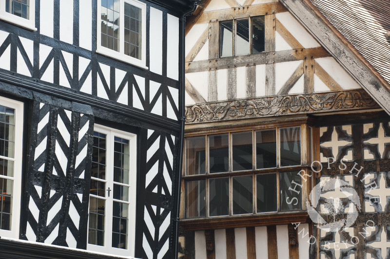Half-timbered buildings in High Street, Shrewsbury, Shropshire, England.