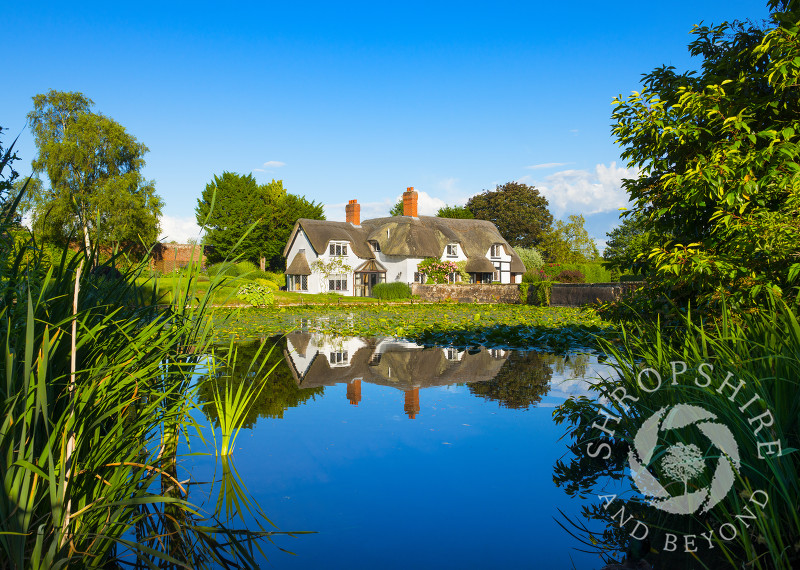 Thatched cottage reflected in the village pool at Badger, Shropshire, England.