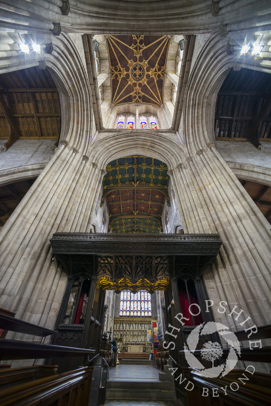 Looking up at the crossing and towards the chancel in St Laurence's Church, Ludlow, Shropshire.