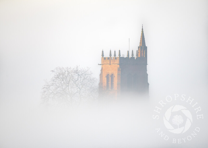 St Leonard's church emerges from the morning mist at Bridgnorth, Shropshire.