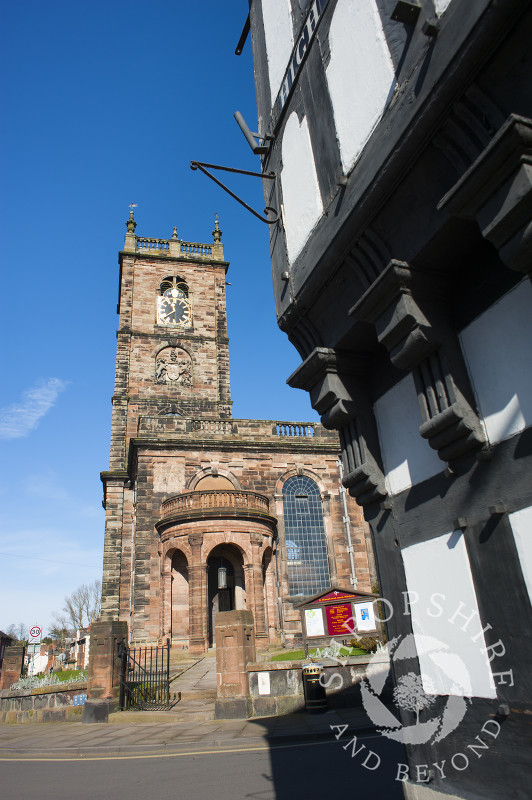 St Alkmund's Church and a half-timbered building in Whitchurch, Shropshire, England.