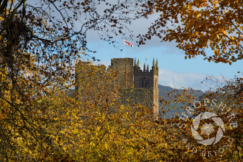 Ludlow Castle and St Laurence's Church in autumn, Ludlow, Shropshire, England.