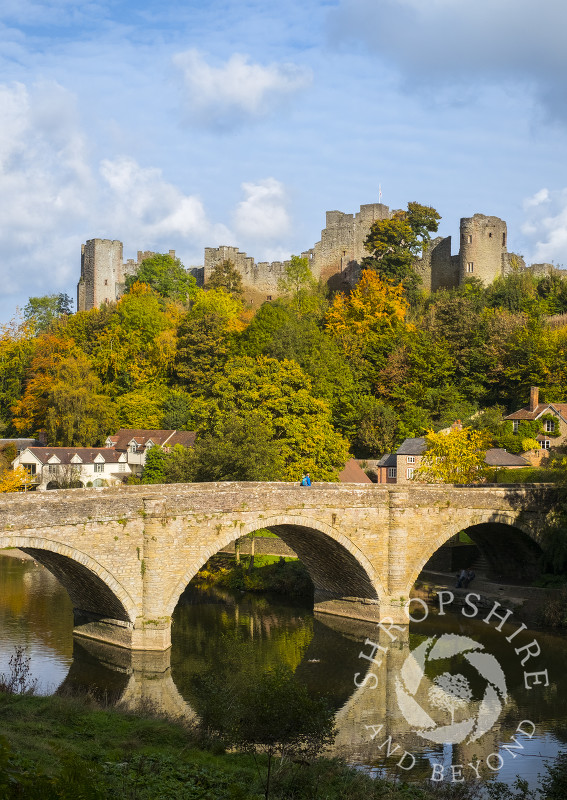 Autumn sunshine highlights Dinham Bridge, the River Teme and Ludlow Castle, Shropshire.