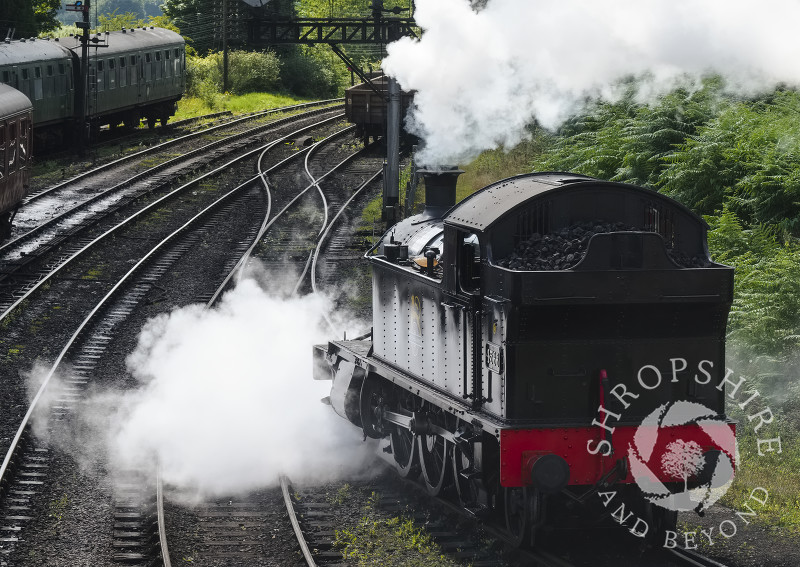 4566 GWR 2-6-2 small prairie steam locomotive at Bridgnorth Station, Shropshire, on the Severn Valley Railway line.